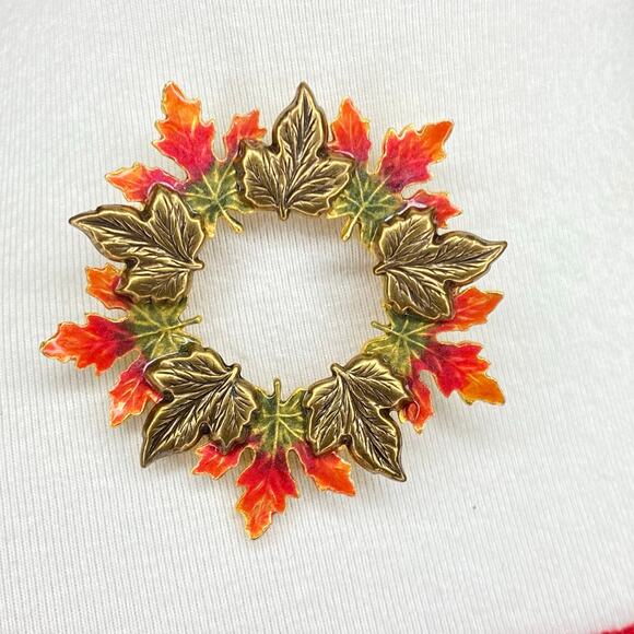 Vintage Kenneth Cole Autumn Leaves Wreath Brooch Pin Goldtone Orange Enamel Fall - Picture 1 of 11